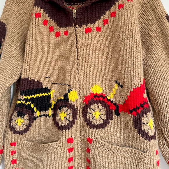 Vintage Cowichan Wool Knit Zip Cardigan Sweater Coat Retro Car Pattern 60s - Picture 4 of 10